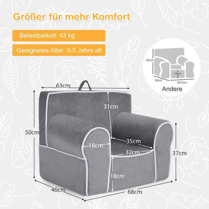 Gepolstertes Kindersofa mit Schaumstofffüllung &amp; Armlehne &amp; Tragegriff 68 x 46 x 50 cm grau