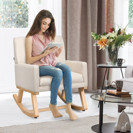 Gepolsterter Schaukelstuhl aus Massivholz Schaukelstuhl Schwingstuhl Relaxsessel Beige