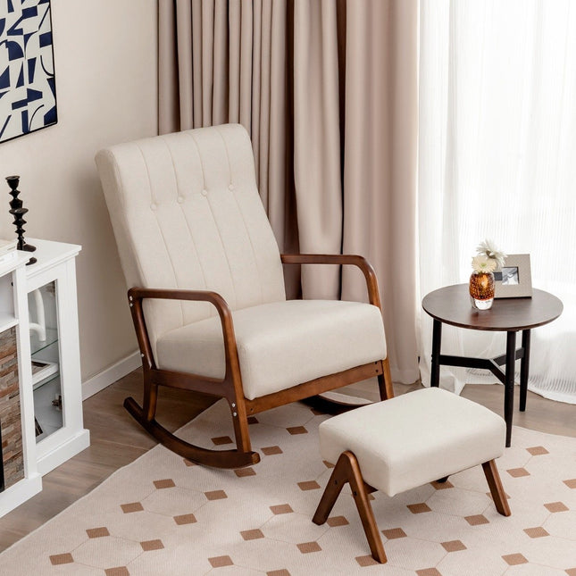 Gepolsterter Schaukelstuhl mit Hocker &amp; Kissen Schaukelstuhl mit Holzgestell beige
