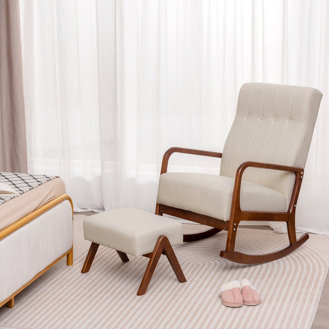 Gepolsterter Schaukelstuhl mit Hocker &amp; Kissen Schaukelstuhl mit Holzgestell beige
