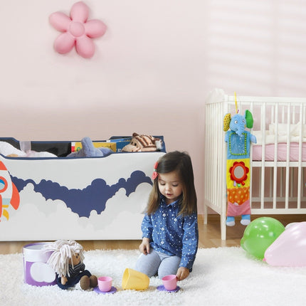 Coffre à jouets rembourré avec couvercle amovible et motif fusée et planète bleu marine