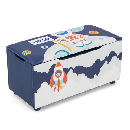 Coffre à jouets rembourré avec couvercle amovible et motif fusée et planète bleu marine