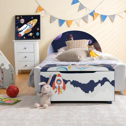 Coffre à jouets rembourré avec couvercle amovible et motif fusée et planète bleu marine