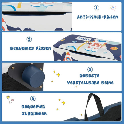 Coffre à jouets rembourré avec couvercle amovible et motif fusée et planète bleu marine