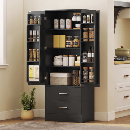 Pantry Cabinet 159 cm with 8 Door Shelves and 2 Drawers, Black, Shaker Doors