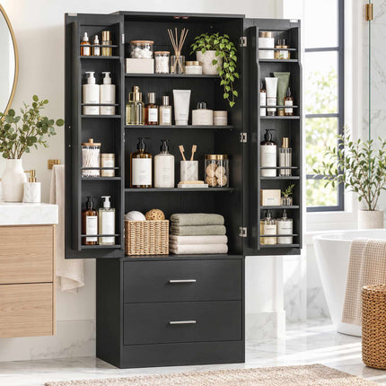 Pantry Cabinet 159 cm with 8 Door Shelves and 2 Drawers, Black, Shaker Doors