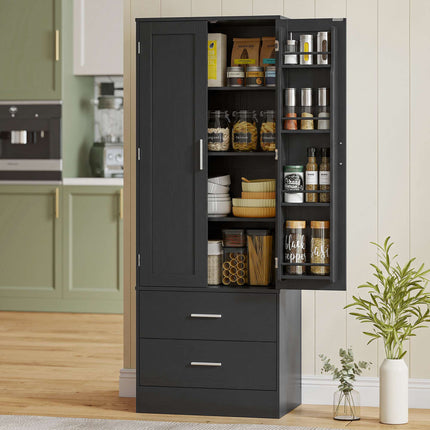 Pantry Cabinet 159 cm with 8 Door Shelves and 2 Drawers, Black, Shaker Doors
