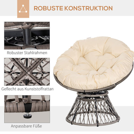 Papasan Korbsessel mit Kissen, 360° Metallgestell, creme
