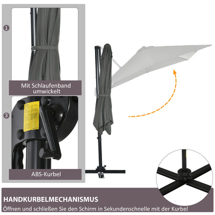 Parasol de jardin déporté 245 x 245 cm avec manivelle, rotatif et réglable, Roma, gris