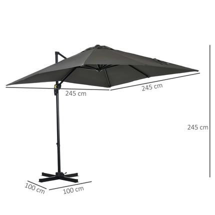 Parasol de jardin déporté 245 x 245 cm avec manivelle, rotatif et réglable, Roma, gris