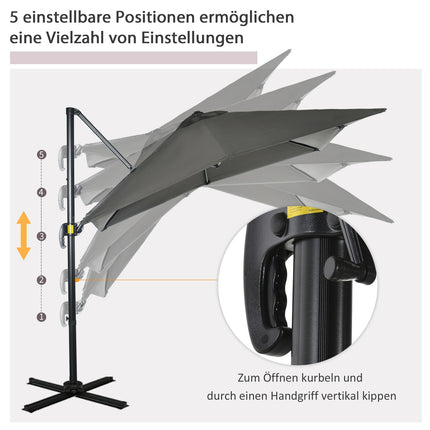 Parasol de jardin déporté 245 x 245 cm avec manivelle, rotatif et réglable, Roma, gris