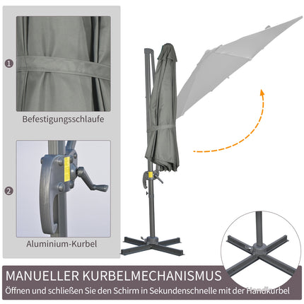 Rotating Cantilever Parasol, 294x294 cm, Grey, Aluminum Stand