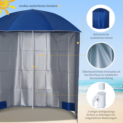 Plážový slunečník s boční stěnou, modrý polyester, 2.2m