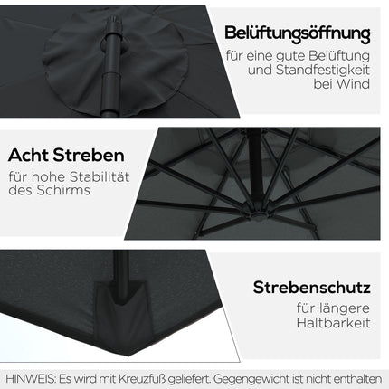 Ampelschirm mit Kurbel, Stahlgestell, Schwarz, Ø3x2,5M
