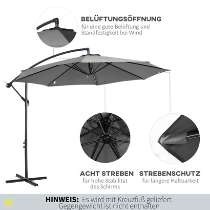 Sonnenschirm mit Kurbel, Grau, Ø2.95x2.45M, Stahlgestell