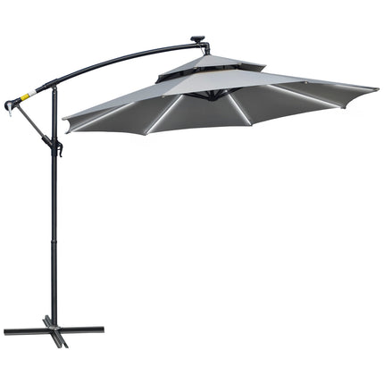 Solar-LED-Markt-Sonnenschirm, 295 cm, wasserabweisend, Hellgrau