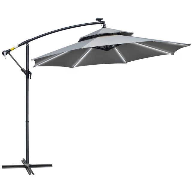 Solar-LED-Markt-Sonnenschirm, 295 cm, wasserabweisend, Hellgrau