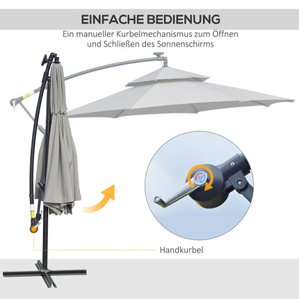 Solar-LED-Markt-Sonnenschirm, 295 cm, wasserabweisend, Hellgrau
