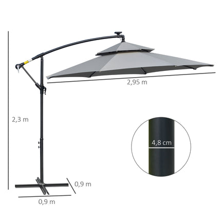 Solar-LED-Markt-Sonnenschirm, 295 cm, wasserabweisend, Hellgrau