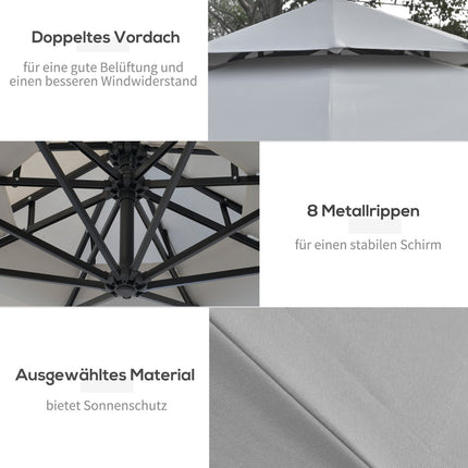 Solar-LED-Markt-Sonnenschirm, 295 cm, wasserabweisend, Hellgrau