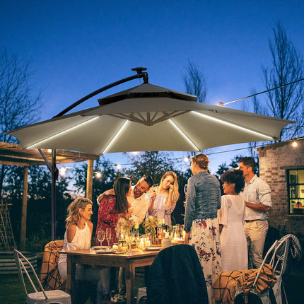 Solar-LED-Markt-Sonnenschirm, 295 cm, wasserabweisend, Hellgrau
