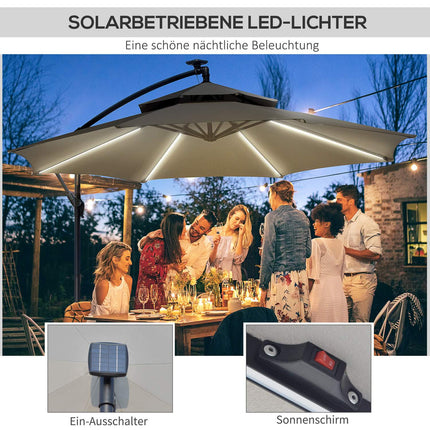 Solar-LED-Markt-Sonnenschirm, 295 cm, wasserabweisend, Hellgrau
