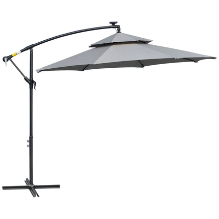 Solar-LED-Markt-Sonnenschirm, 295 cm, wasserabweisend, Hellgrau