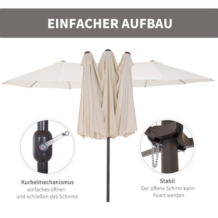 Beiger ovaler Doppel-Gartenschirm mit Handkurbel, 455x270 cm