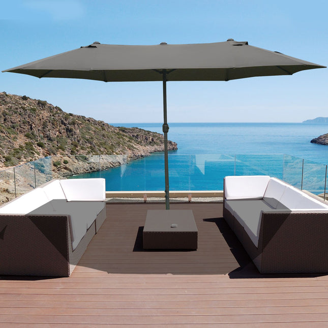 Dark gray oval patio umbrella with stand, 460 x 270 cm