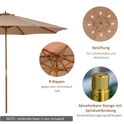 Wooden patio umbrella, 300 cm, Bamboo frame, Khaki