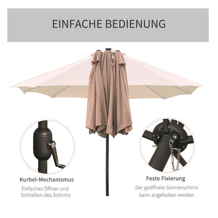 Khakifarbener ovaler Sonnenschirm mit LED, groß 440 x 260 cm, Handkurbel