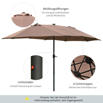 Khakifarbener ovaler Sonnenschirm mit LED, groß 440 x 260 cm, Handkurbel