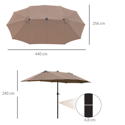 Khakifarbener ovaler Sonnenschirm mit LED, groß 440 x 260 cm, Handkurbel