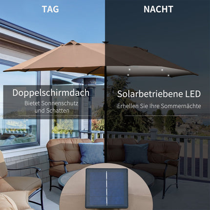 Khakifarbener ovaler Sonnenschirm mit LED, groß 440 x 260 cm, Handkurbel