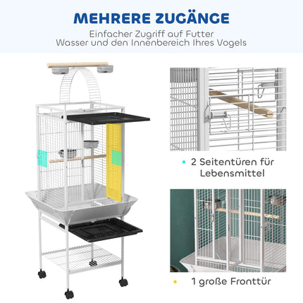 Parrot Cage with 3 Doors, 2 Perches, Wheels, White