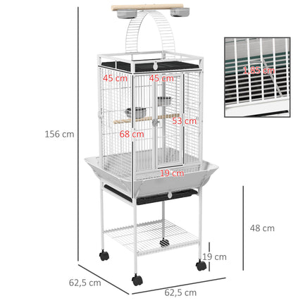 Parrot Cage with 3 Doors, 2 Perches, Wheels, White