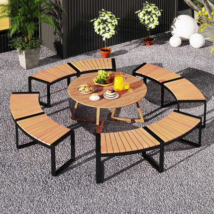 Patio Curved Bench Set, 2-Piece, Acacia Wood, Metal Legs