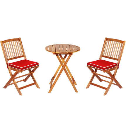 Bistro-Set aus Akazienholz, klappbar, 3-teilig, rote Kissen