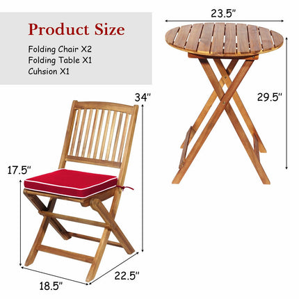 Bistro-Set aus Akazienholz, klappbar, 3-teilig, rote Kissen