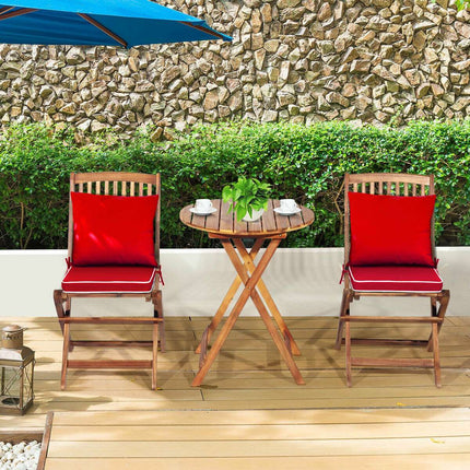 Bistro-Set aus Akazienholz, klappbar, 3-teilig, rote Kissen