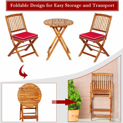 Bistro-Set aus Akazienholz, klappbar, 3-teilig, rote Kissen