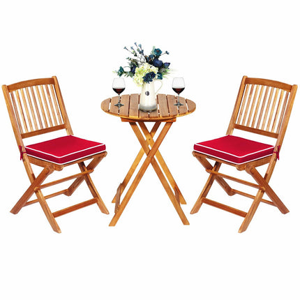 Bistro-Set aus Akazienholz, klappbar, 3-teilig, rote Kissen
