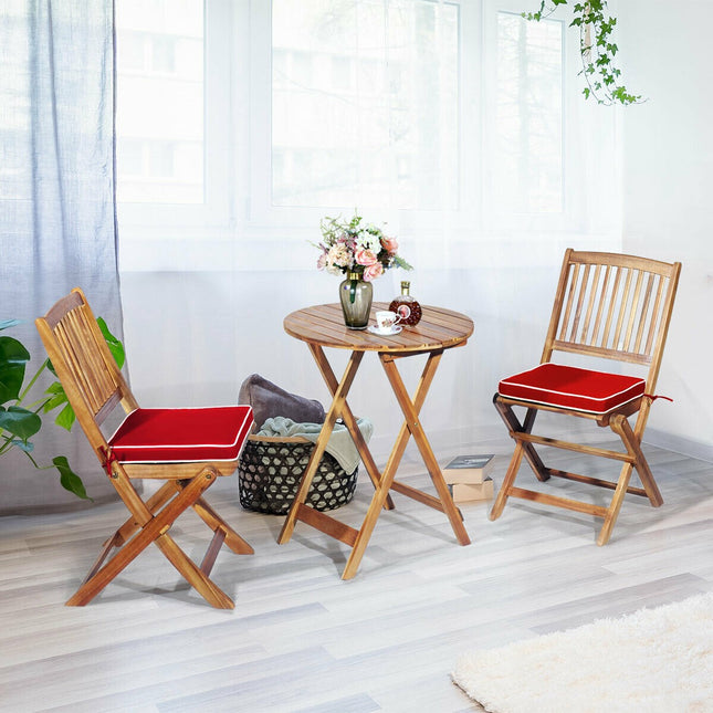 Bistro-Set aus Akazienholz, klappbar, 3-teilig, rote Kissen