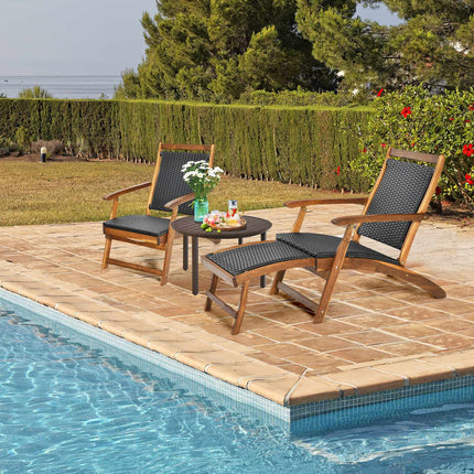 Patio Folding Rattan Lounge Chair – Acacia Frame, Footrest