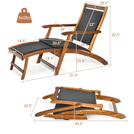 Patio Folding Rattan Lounge Chair – Acacia Frame, Footrest