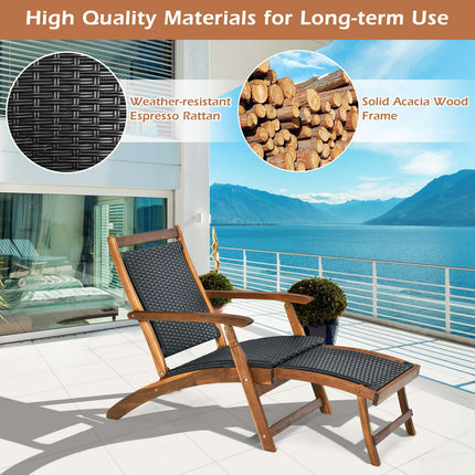 Patio Folding Rattan Lounge Chair – Acacia Frame, Footrest