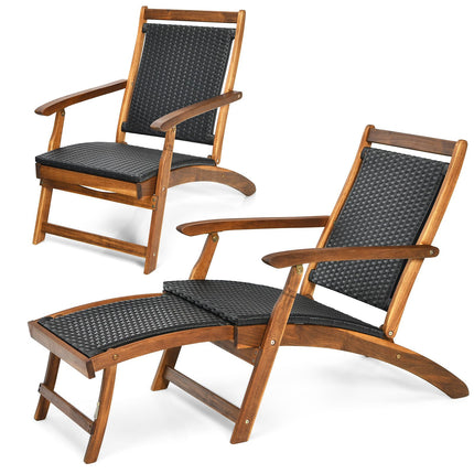 Patio Folding Rattan Lounge Chair – Acacia Frame, Footrest