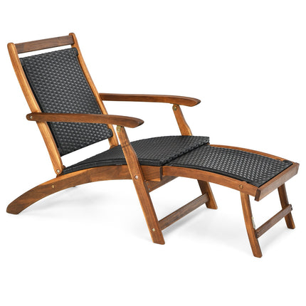 Patio Folding Rattan Lounge Chair – Acacia Frame, Footrest
