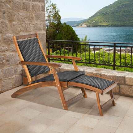 Patio Folding Rattan Lounge Chair – Acacia Frame, Footrest