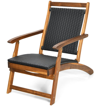 Patio Folding Rattan Lounge Chair – Acacia Frame, Footrest